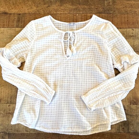 Splendid White Windowpane Blouse Peasant Medium Tie Front Keyhole Boho - Picture 4 of 7